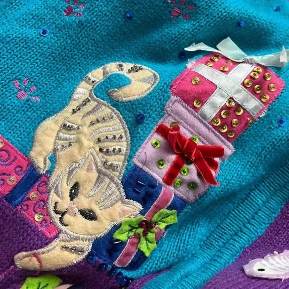 Heirloom Collectibles Vintage Christmas Cat Cardigan Sweater Small Art To Wear - Picture 11 of 13
